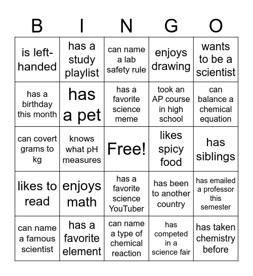 CHEM 103 Bingo Card