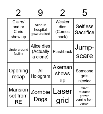 RESIDENT EVIL:THE FINAL CHAPTER Bingo Card