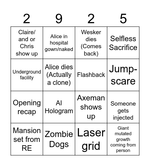 RESIDENT EVIL:THE FINAL CHAPTER Bingo Card
