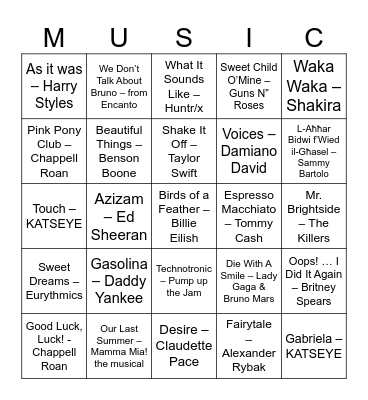 Music Bingo Card