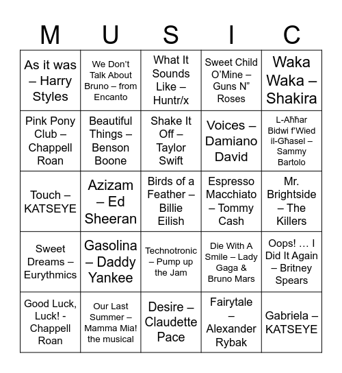 Music Bingo Card