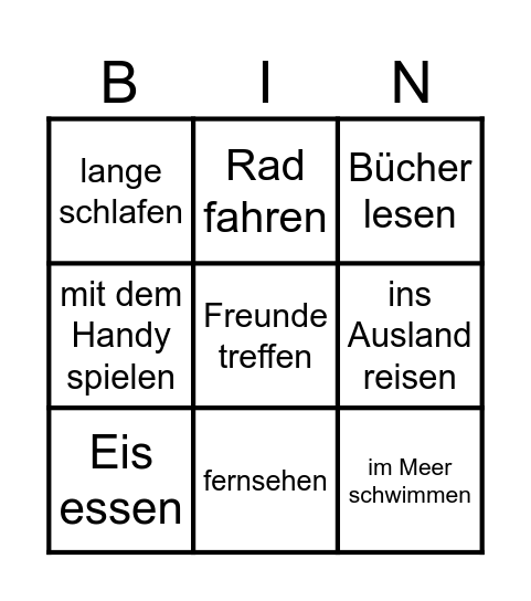 Sommererlebnisse Bingo Card