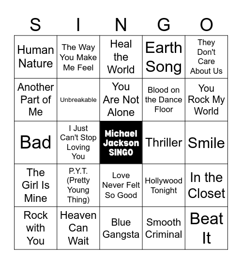 Michael Jackson Music Bingo - 44 song playlist Bingo Card