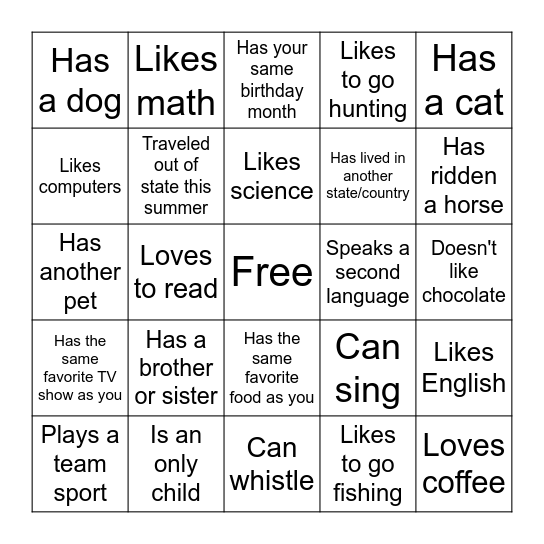 Get to Know You Bingo! Bingo Card