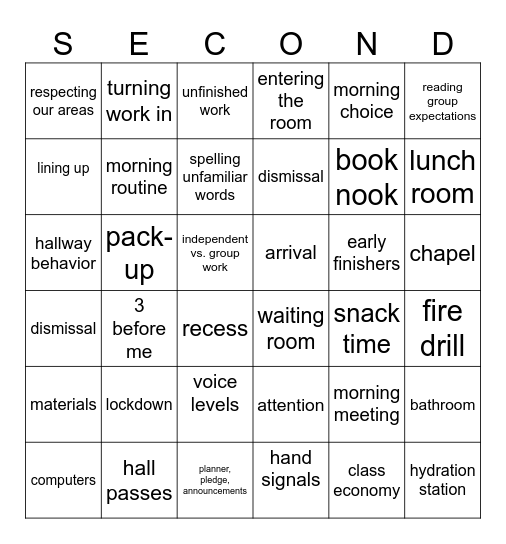 Expectations and Procedures! Bingo Card