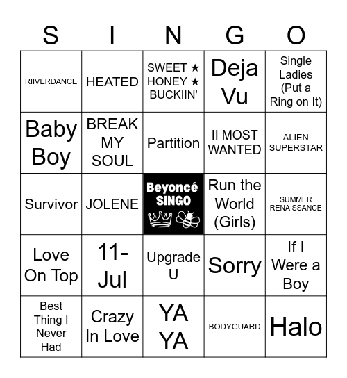 Beyoncé Music Bingo - 60 songs Bingo Card