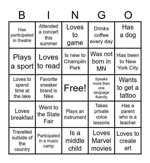 Back to School Choir Bingo Card