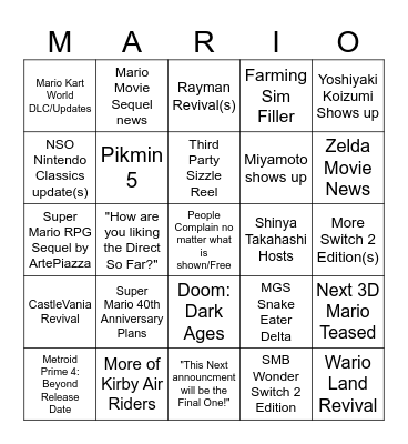 Nintendo Direct September 2025 Bingo Card