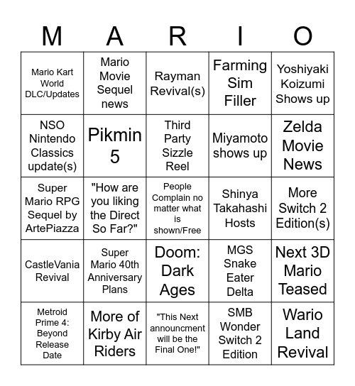 Nintendo Direct September 2025 Bingo Card