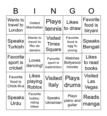 Getting to Know You Bingo Card