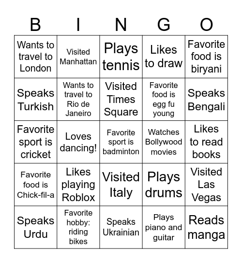 Getting to Know You Bingo Card