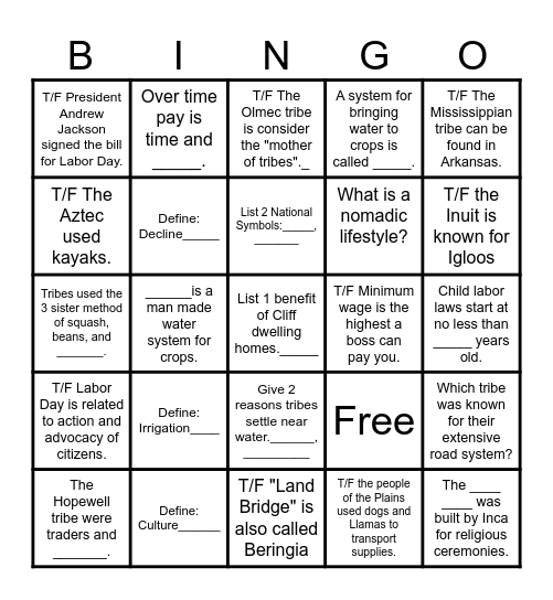 Chapter 1 review Bingo Card