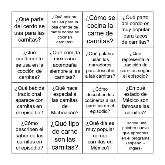 Las carnitas Bingo Card