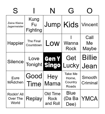 Gen Y Singo - 55 songs Bingo Card