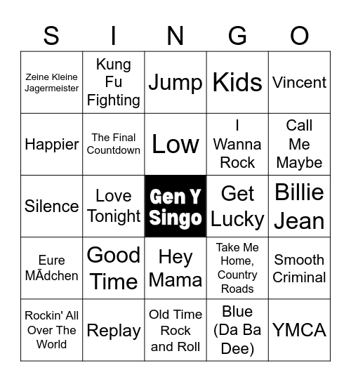 Gen Y Singo - 55 songs Bingo Card