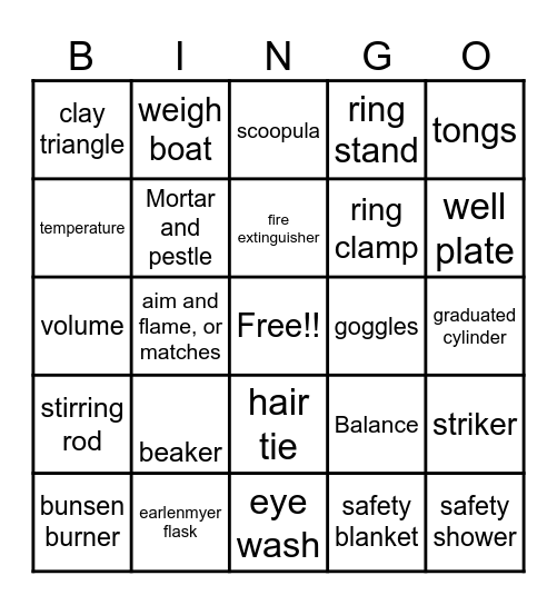 Lab Equipment and Safety Bingo Card
