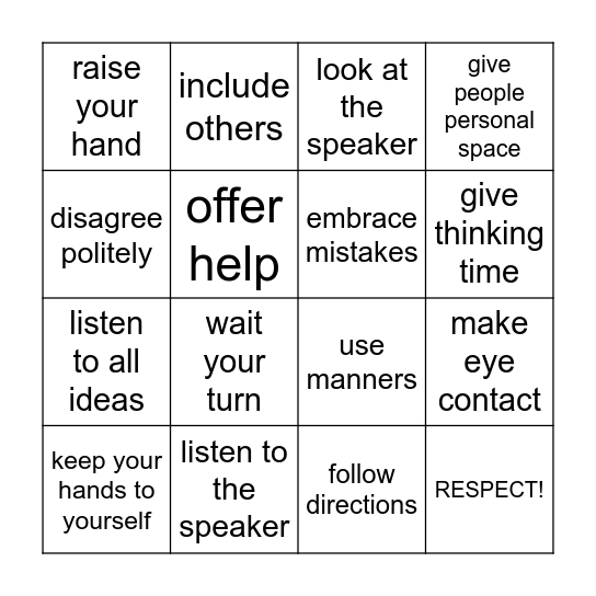 RESPECT Bingo Card