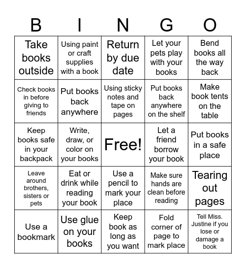 Book Care Bingo Card
