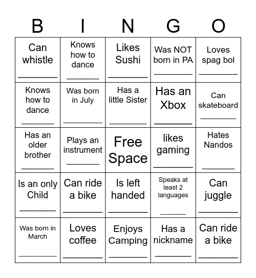 YOUTH HUMAN BINGO Card