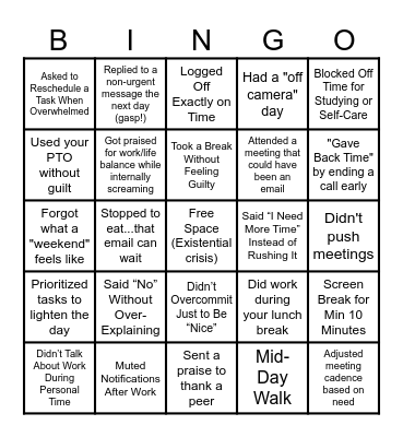 Work/Life Balance Bingo Card
