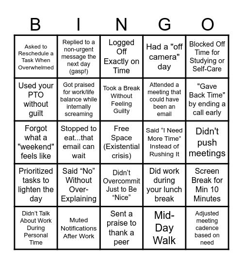 Work/Life Balance Bingo Card