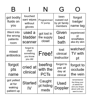 Nursing Student Bingo Card