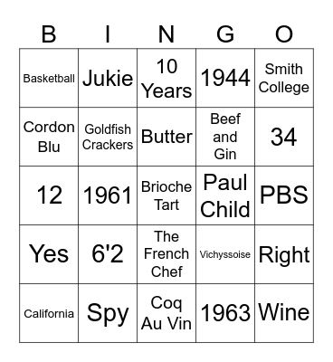 Julia Child Bingo Card