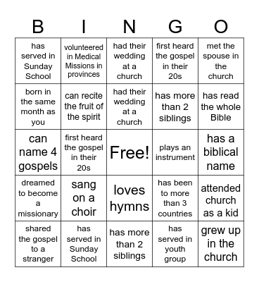 CHURCH - FIND SOMEONE WHO Bingo Card