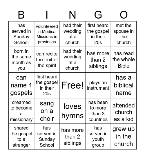 CHURCH - FIND SOMEONE WHO Bingo Card