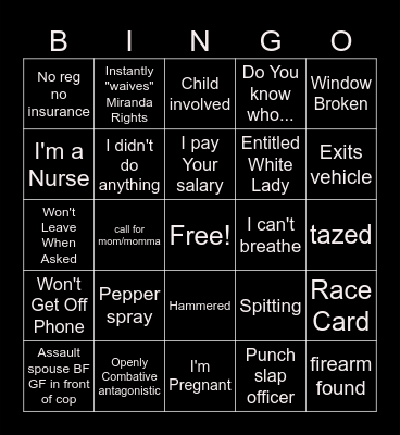 Body Cam Bingo Card
