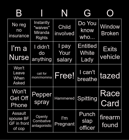 Body Cam Bingo Card