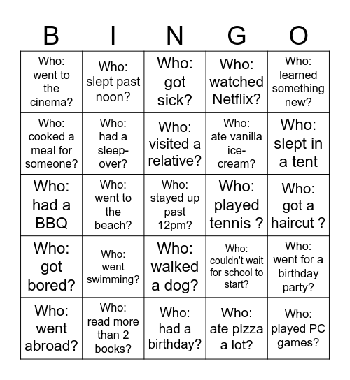 Back-to-School Bingo - What did you do over the holiday? Bingo Card