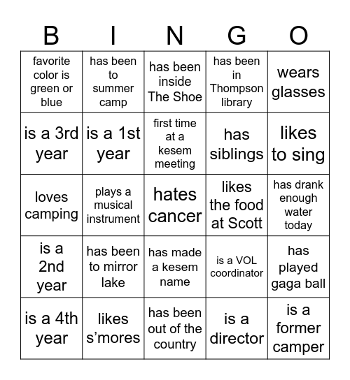 Kesem Bingo Card
