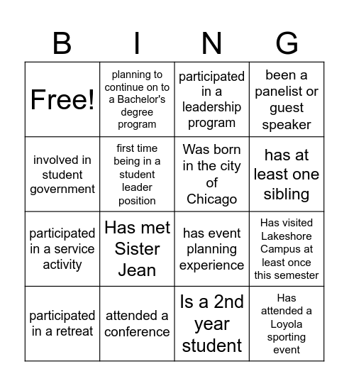 Student Org Leader Retreat BINGO Card