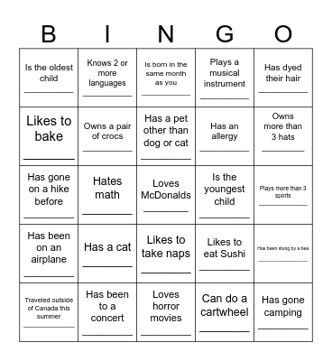 Grade 8 Get To Know You BINGO! Bingo Card