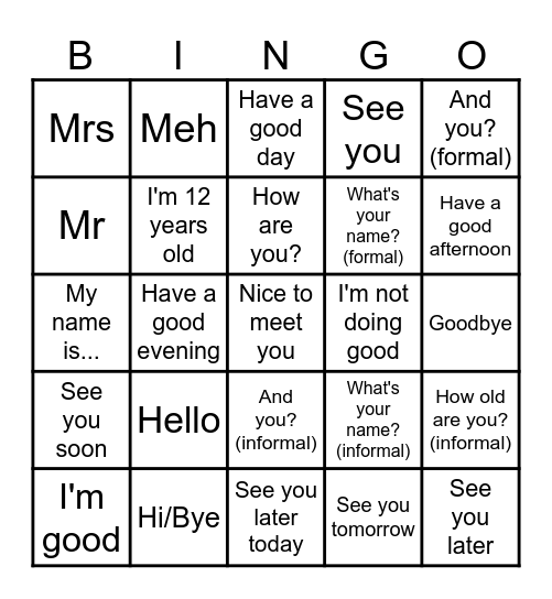 Les salutations Bingo Card