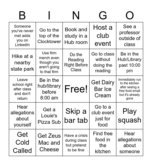 Semester Bingo Card