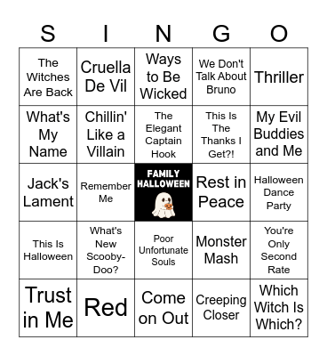 Family Halloween - Singo (30 songs) Bingo Card