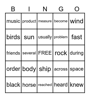 Fourth Grade Vocabulary Bingo Card