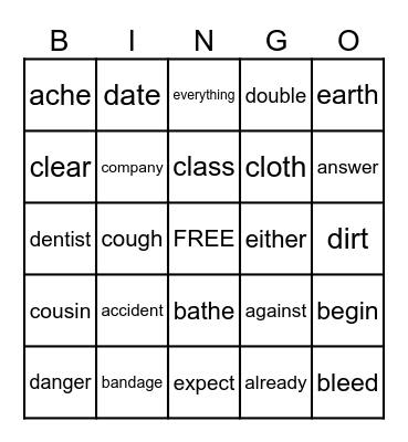 Fifth Grade Vocabulary Bingo Card