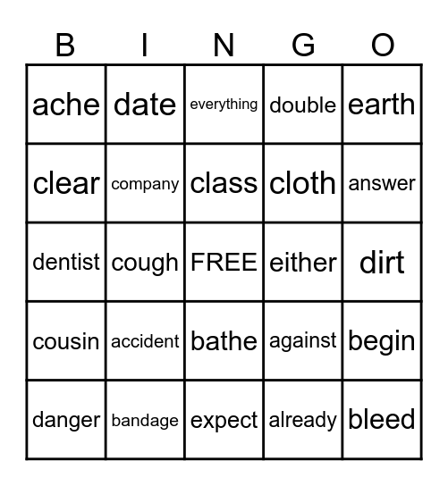 Fifth Grade Vocabulary Bingo Card