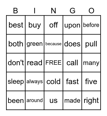 Second Grade Vocabulary Bingo Card