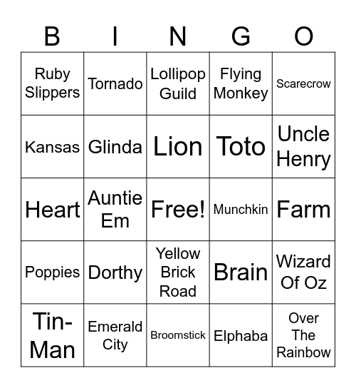 Wizard Of Oz Bingo Card