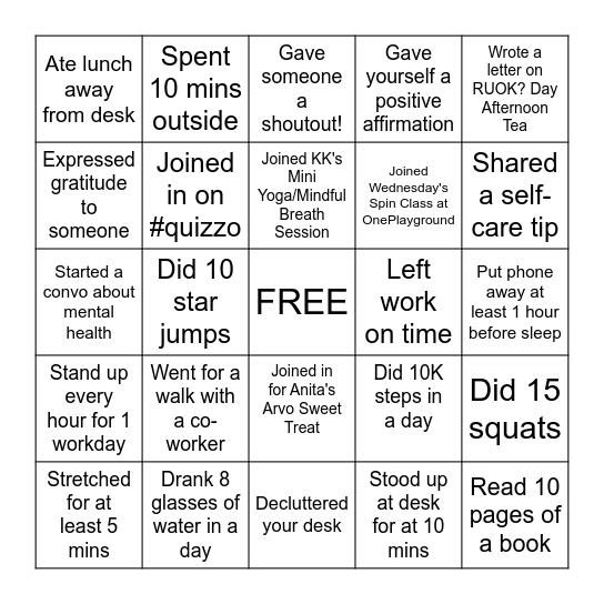 Wellness Week Bingo Card