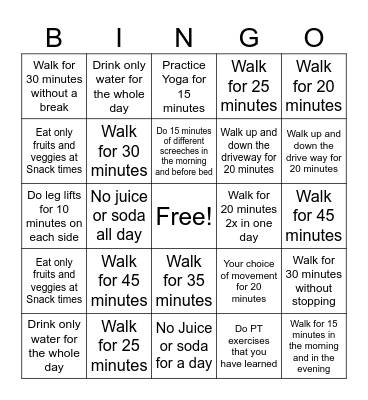 Jennifer's Exercise Card November 2025 Bingo Card