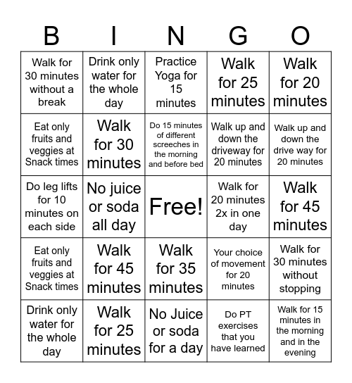Jennifer's Exercise Card November 2025 Bingo Card
