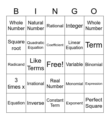 Algebra 1 Vocab Bingo Card