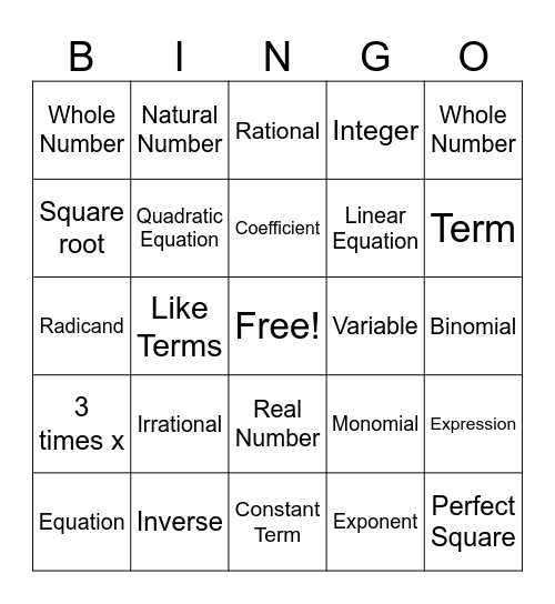 Algebra 1 Vocab Bingo Card