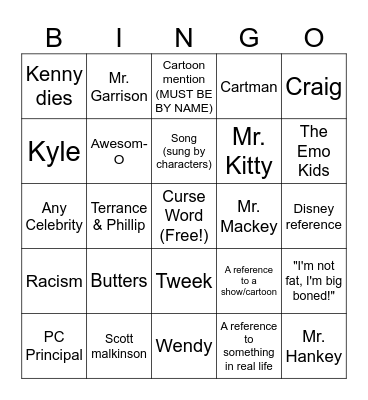 South Park Bingo Card