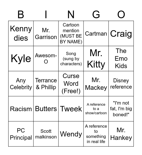 South Park Bingo Card